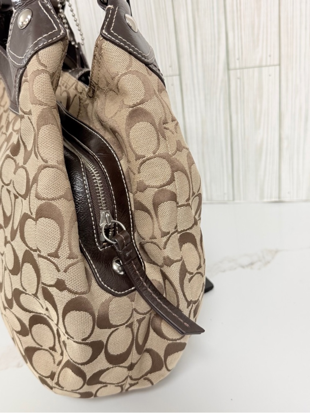 Coach Brown Signature Shoulder Bag with Dark Brown Leather Trim - Picture 7 of 16